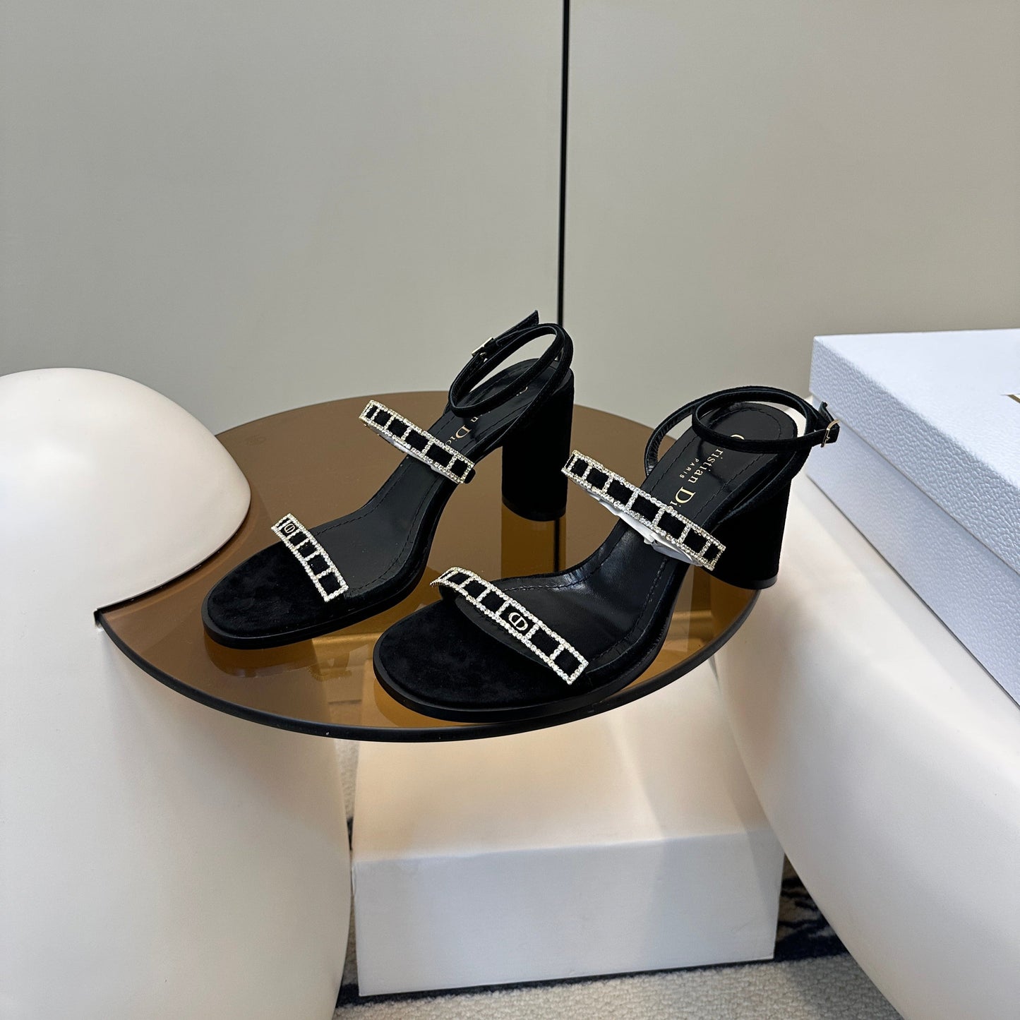 HIGH HEEL 25S SANDALS 85MM IN BLACK CALFSKIN RHINESTONES STRAP - 35