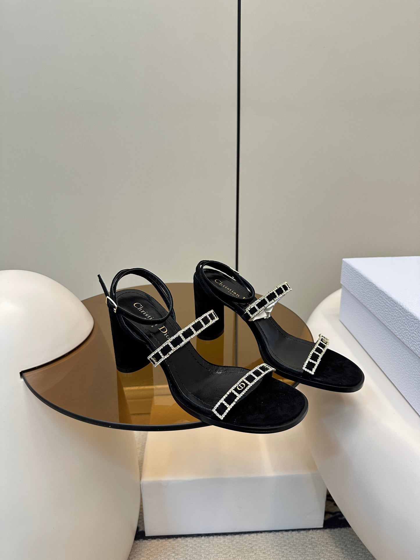 HIGH HEEL 25S SANDALS 85MM IN BLACK CALFSKIN RHINESTONES STRAP - 35