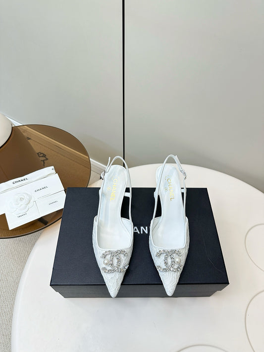 CC SLINGBACK 25S IN WHITE LACE FABRIC WITH SILVER HARDWARE - 35