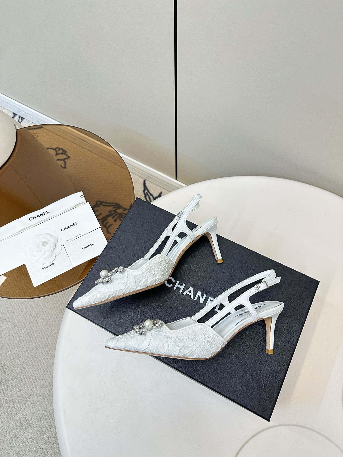CC SLINGBACK 25S IN WHITE LACE FABRIC WITH SILVER HARDWARE - 35