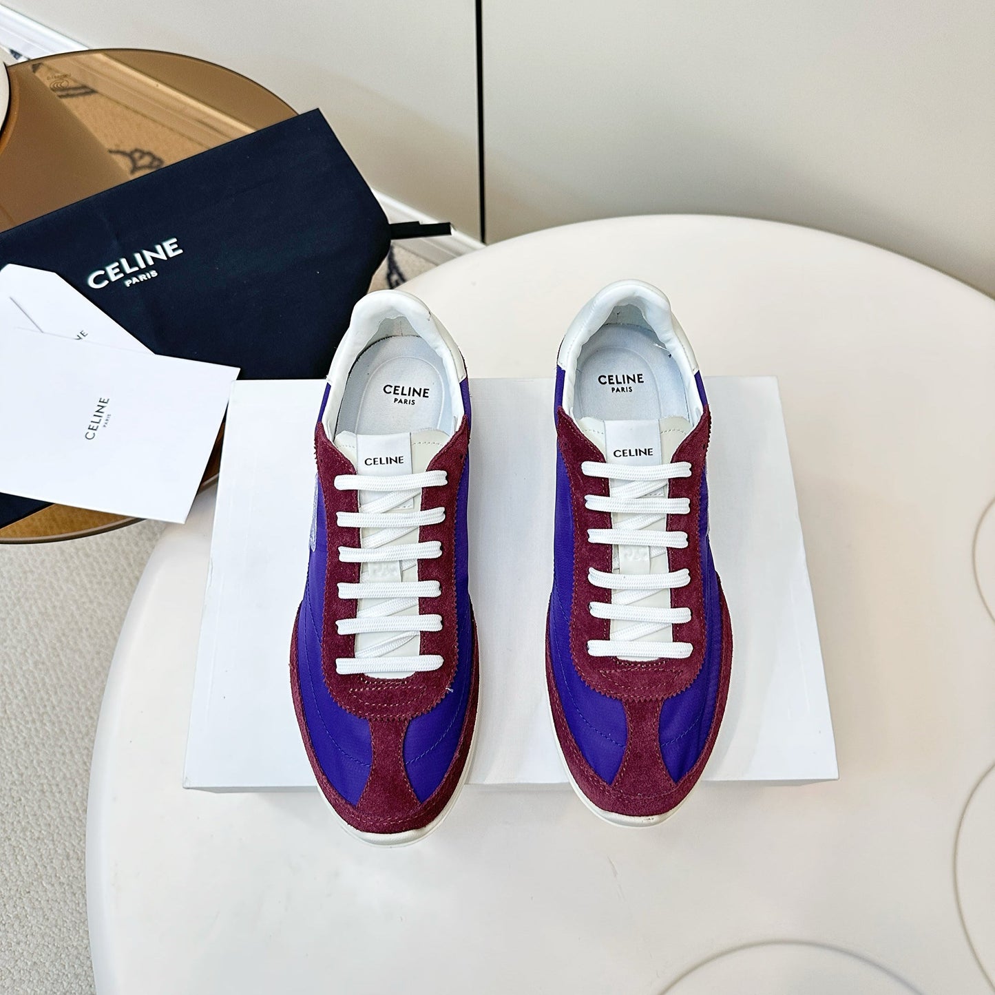 CELINE 25S RACER LOW TOP SNEAKER IN ROYAL PURPLE AND RED NYLON AND SUEDE - 35