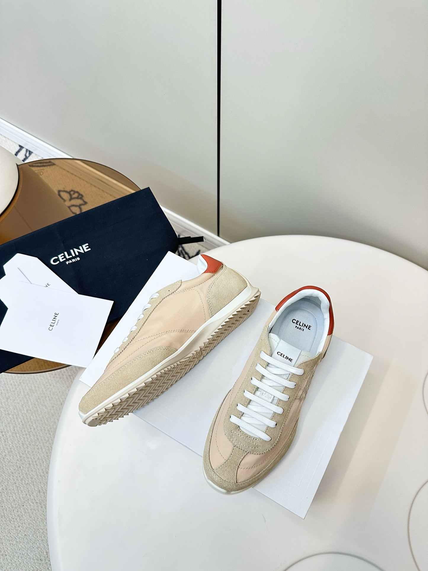 CELINE 25S RACER LOW TOP SNEAKER IN BEIGE AND LIGHT GRAY NYLON AND SUEDE - 35