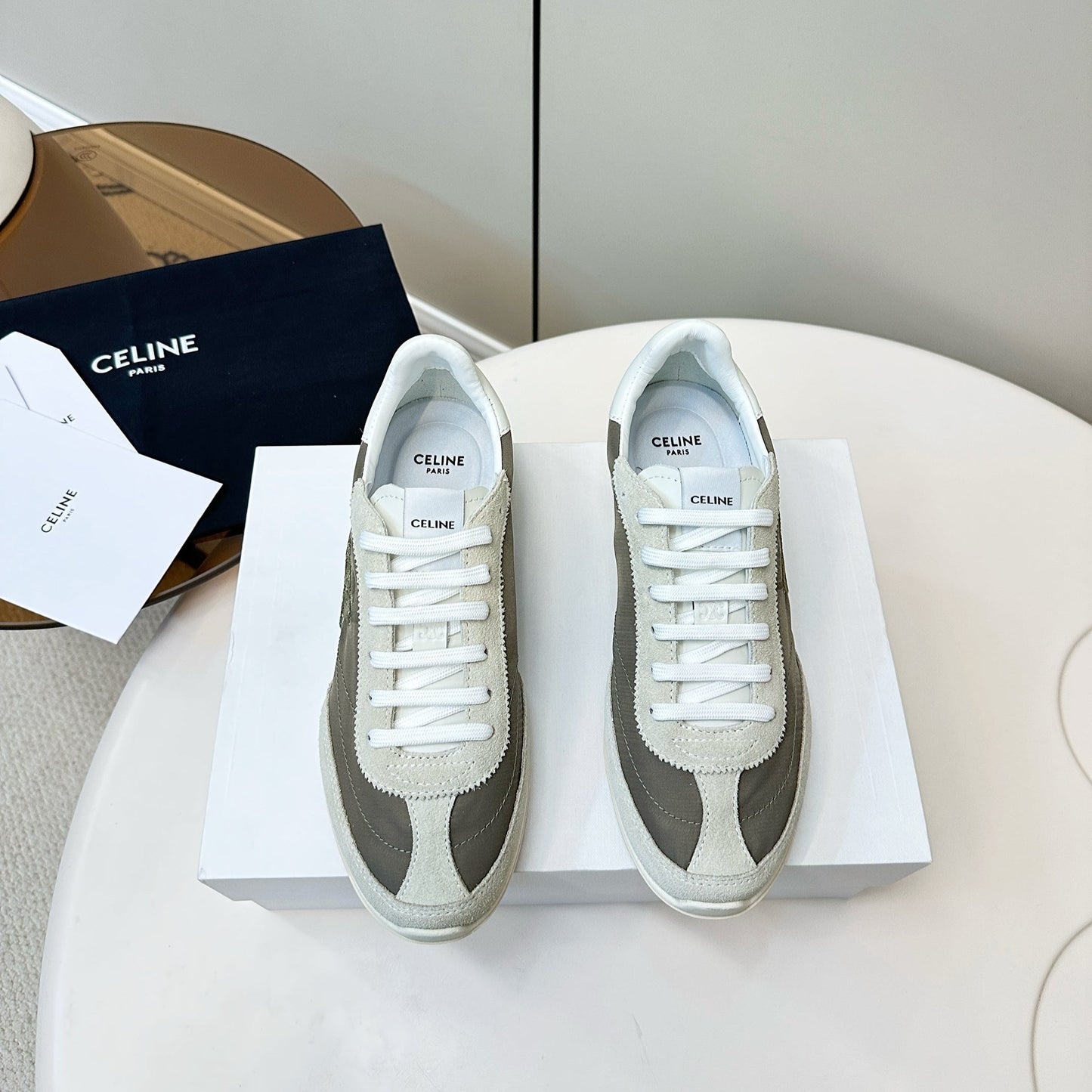 CELINE 25S RACER LOW TOP SNEAKER IN CREAM AND TAUPE GRAY NYLON AND SUEDE - 35