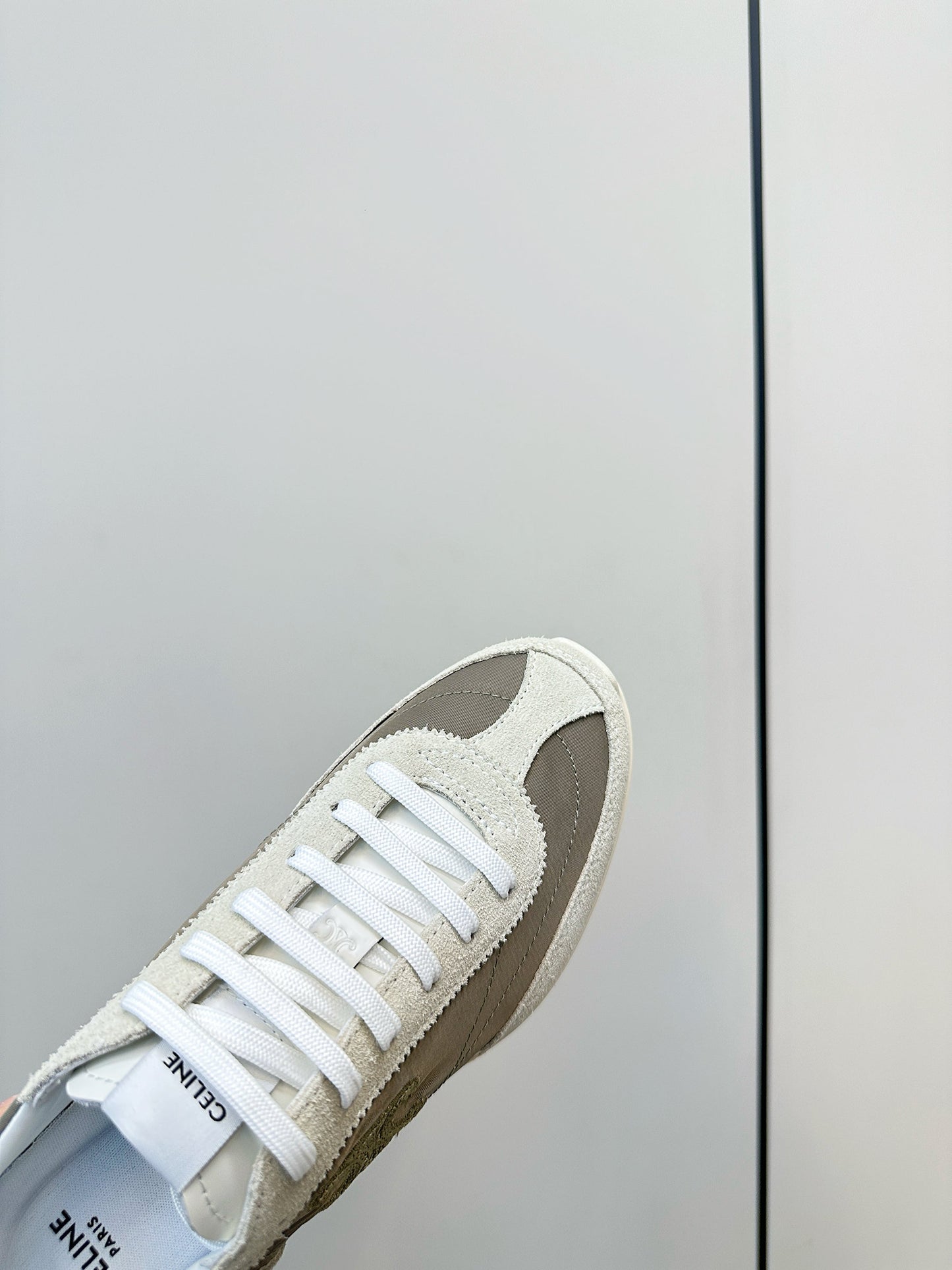 CELINE 25S RACER LOW TOP SNEAKER IN CREAM AND TAUPE GRAY NYLON AND SUEDE - 35