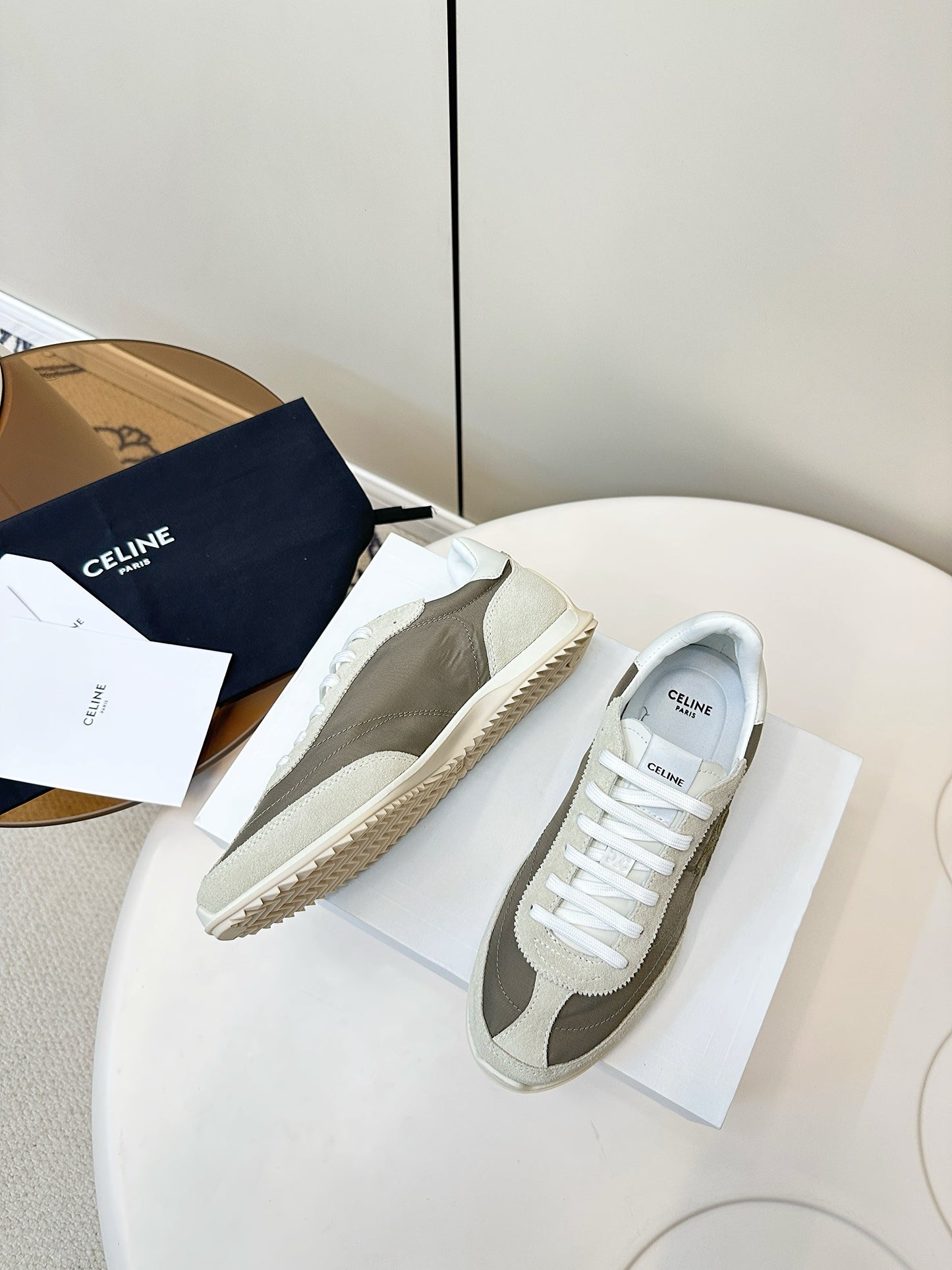 CELINE 25S RACER LOW TOP SNEAKER IN CREAM AND TAUPE GRAY NYLON AND SUEDE - 35
