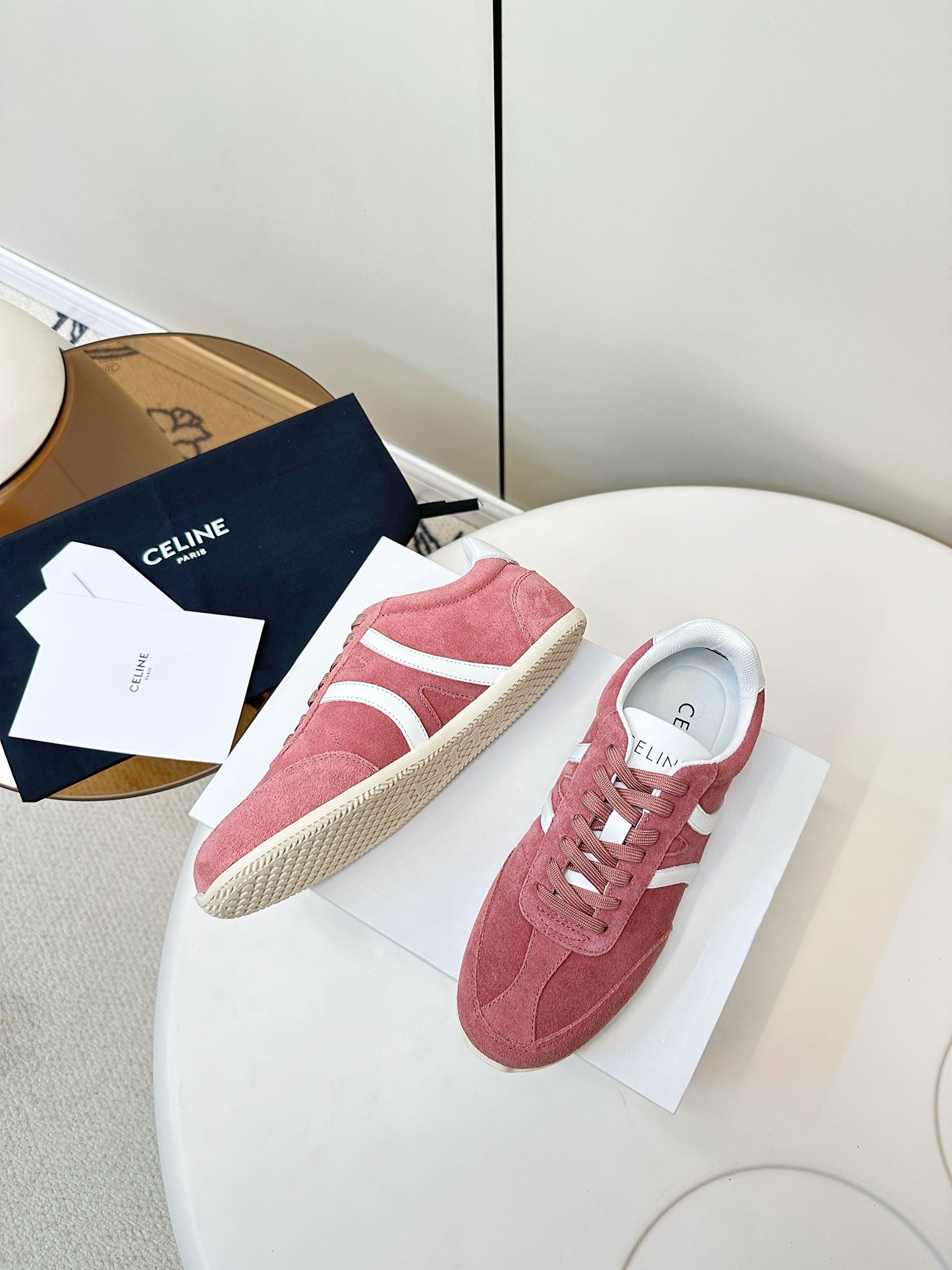 CELINE 25S JOGGER LOW LACE UP SNEAKER WITH TRIOMPHE IN BABY PINK SUEDE - 35
