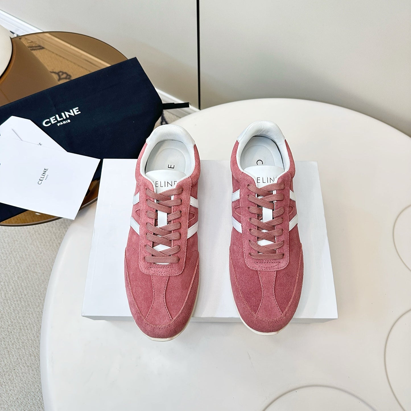 CELINE 25S JOGGER LOW LACE UP SNEAKER WITH TRIOMPHE IN BABY PINK SUEDE - 35