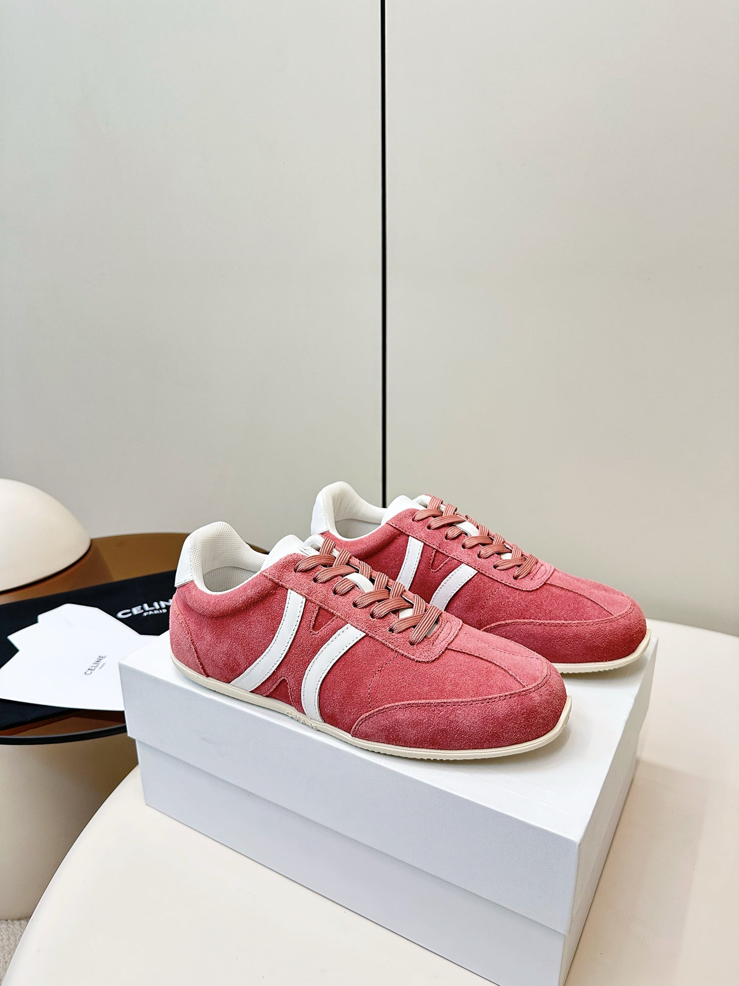 CELINE 25S JOGGER LOW LACE UP SNEAKER WITH TRIOMPHE IN BABY PINK SUEDE - 35