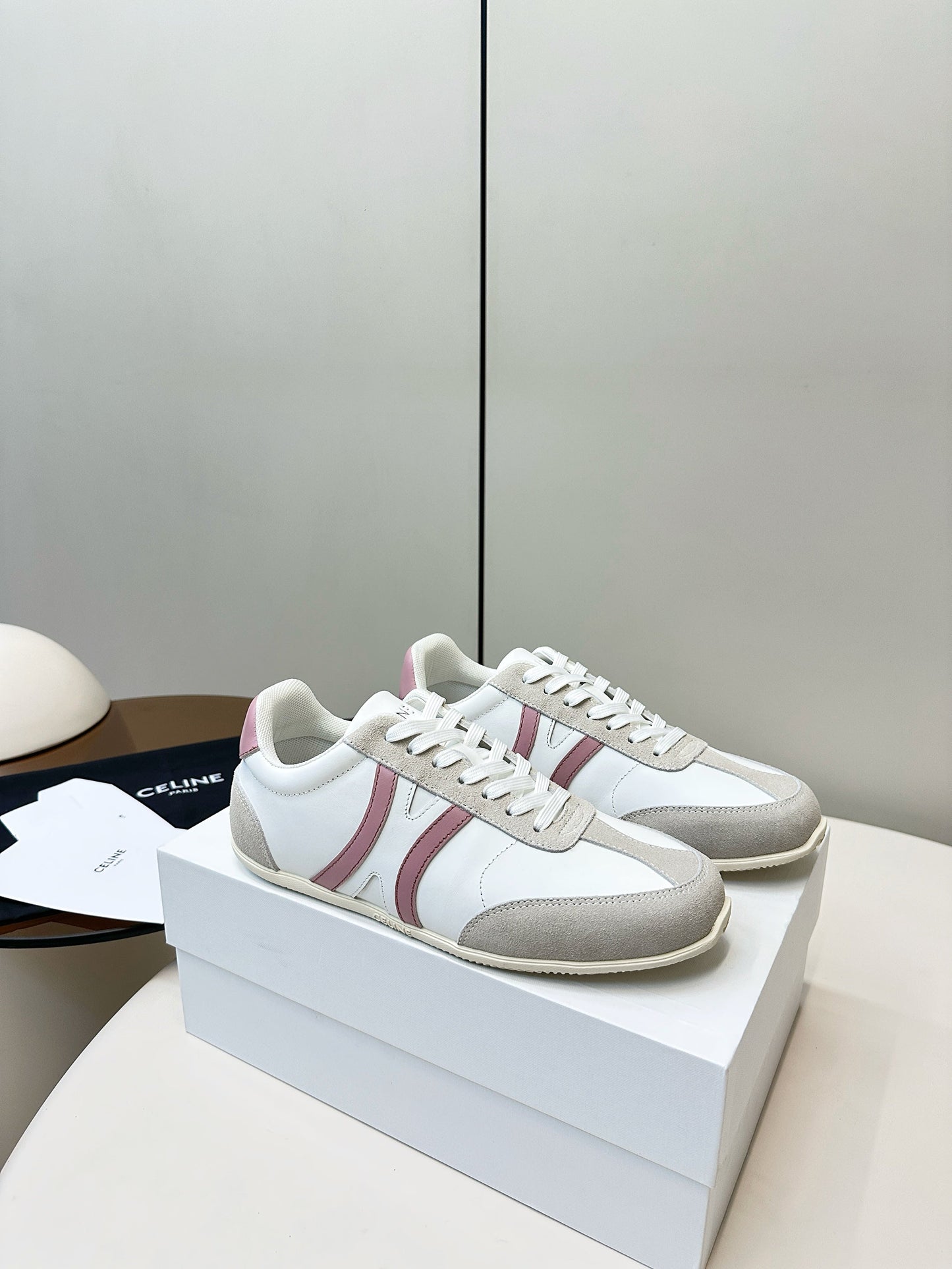 CELINE 25S JOGGER LOW LACE UP SNEAKER WITH TRIOMPHE IN WHITE GRAY SUEDE AND CALFSKIN - 35