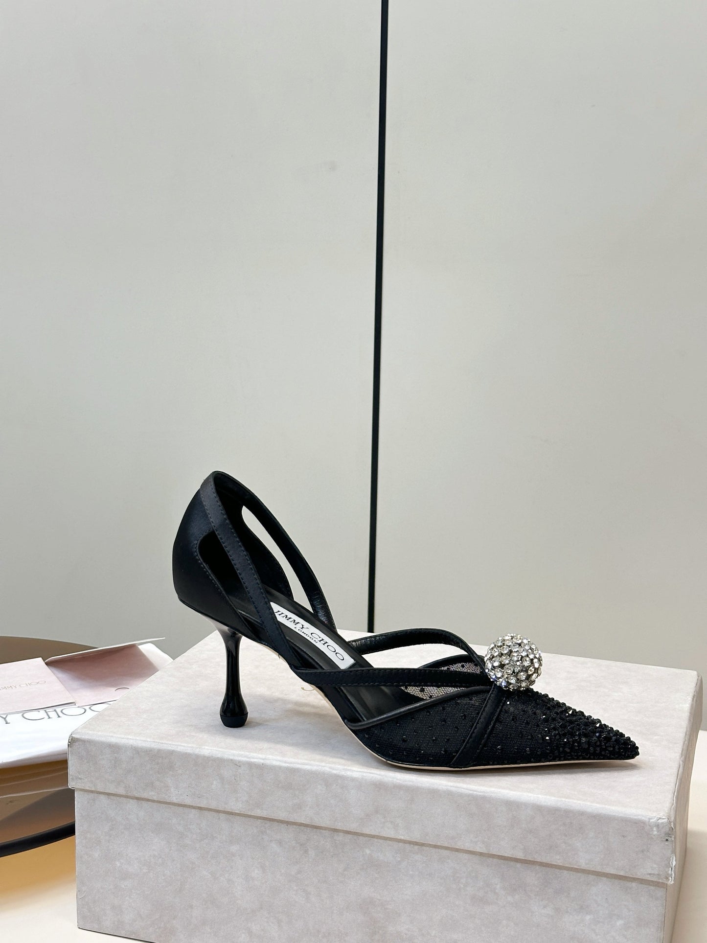 JIMMY CHOO 26S POINTED-TOE HIGH HEELS IN BLACK CRYSTAL EMBELLISHMENT