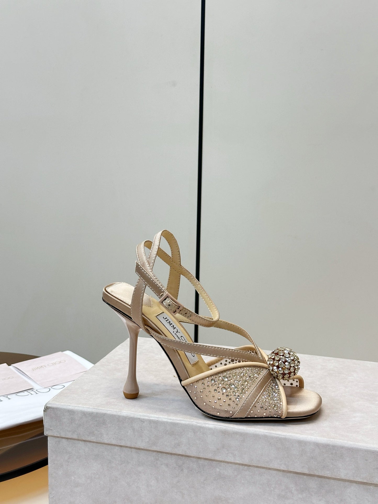 JIMMY CHOO 26S HEELED SANDALS 100 MM IN BEIGE CRYSTAL EMBELLISHMENT