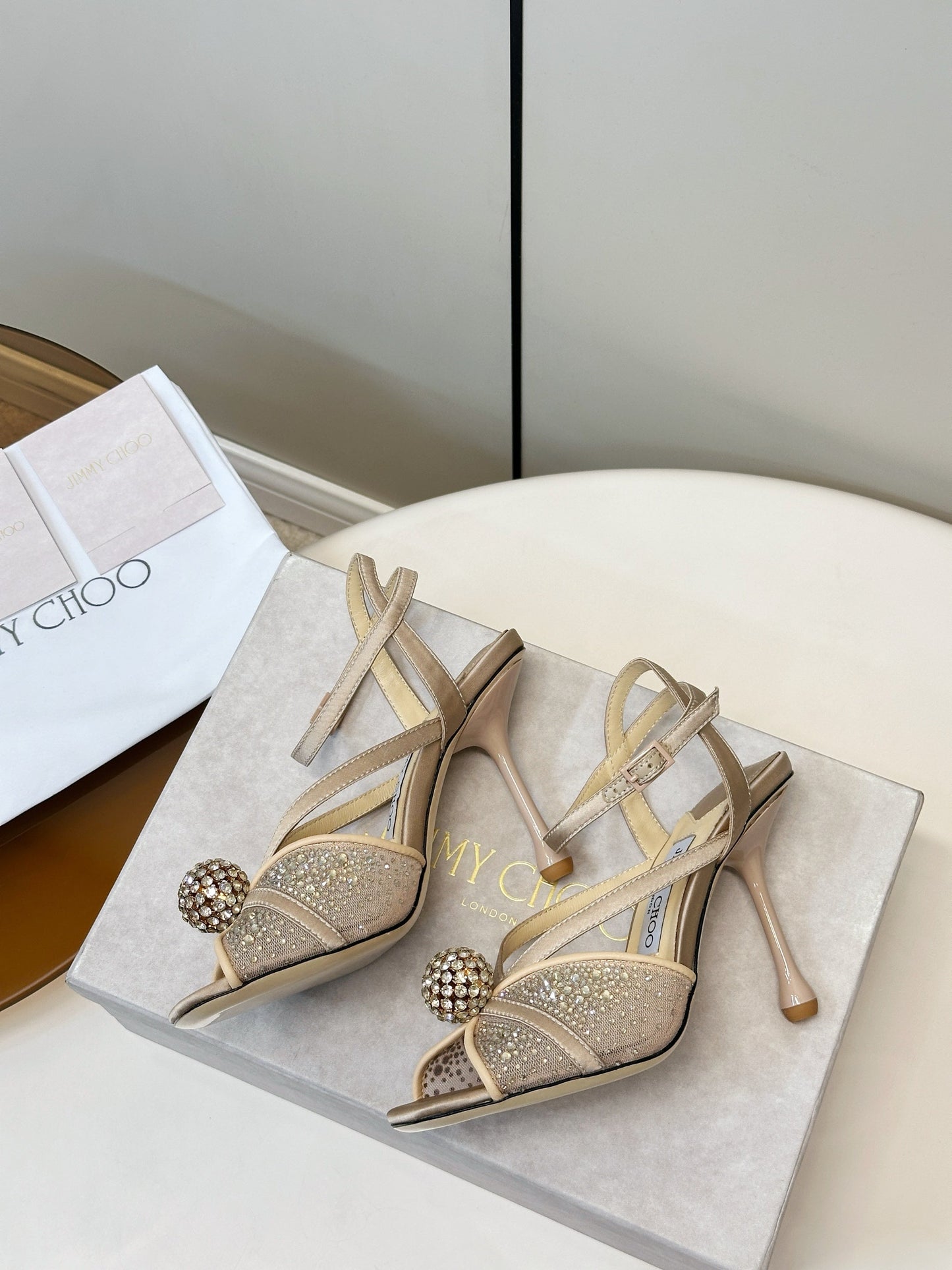 JIMMY CHOO 26S HEELED SANDALS 100 MM IN BEIGE CRYSTAL EMBELLISHMENT