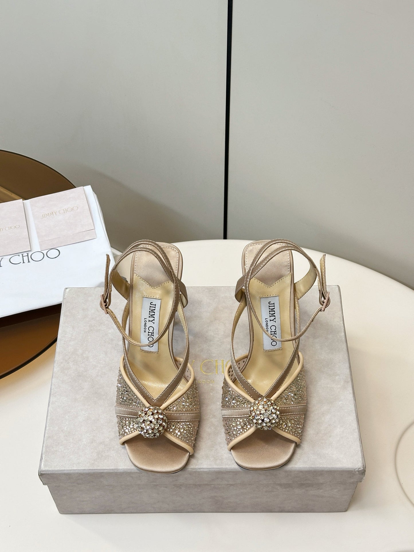 JIMMY CHOO 26S HEELED SANDALS 100 MM IN BEIGE CRYSTAL EMBELLISHMENT