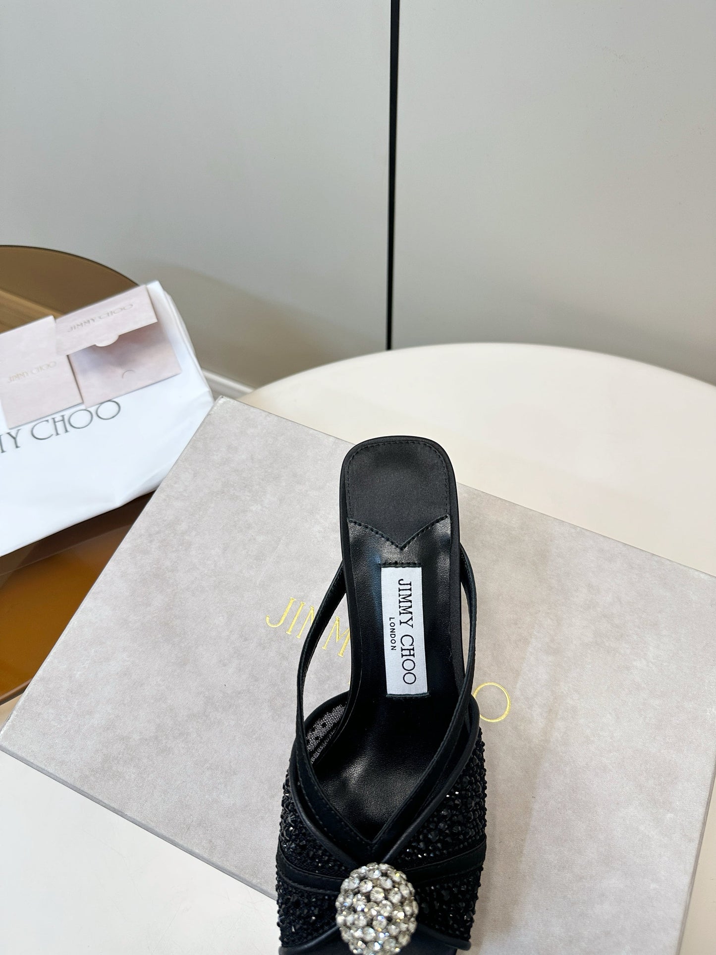 JIMMY CHOO 26S SACORA MULE 80 MM IN BLACK CRYSTAL EMBELLISHMENT