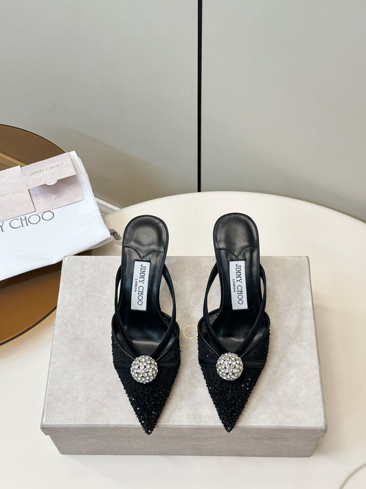 JIMMY CHOO 26S HEELED MULES 80 MM IN BLACK CRYSTAL EMBELLISHMENT