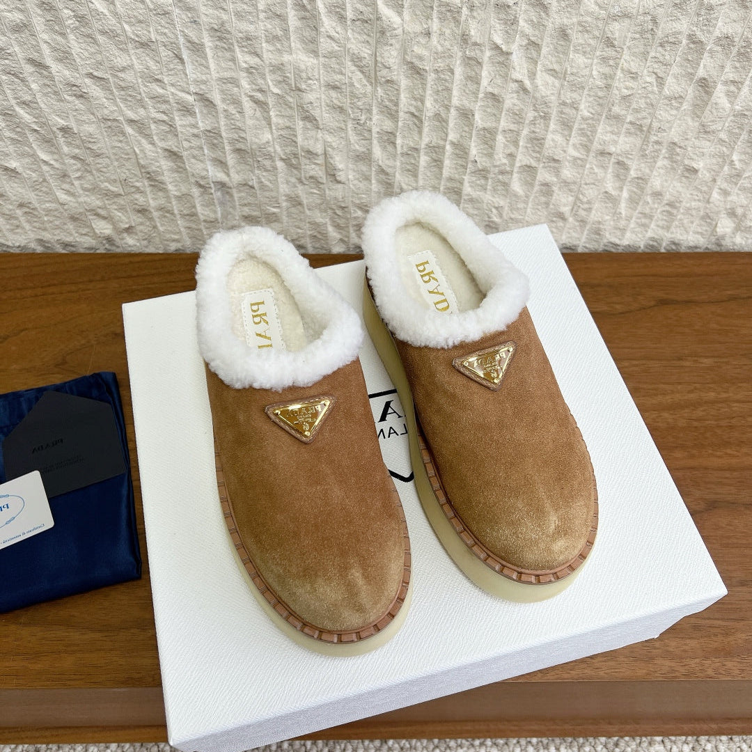 PRADA 25S PLATFORM FUR-LINED MULES IN BROWN SUEDE - 35