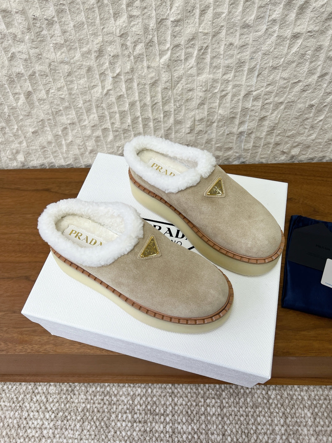 PRADA 25S PLATFORM FUR-LINED MULES IN WARM BEIGE SUEDE - 35