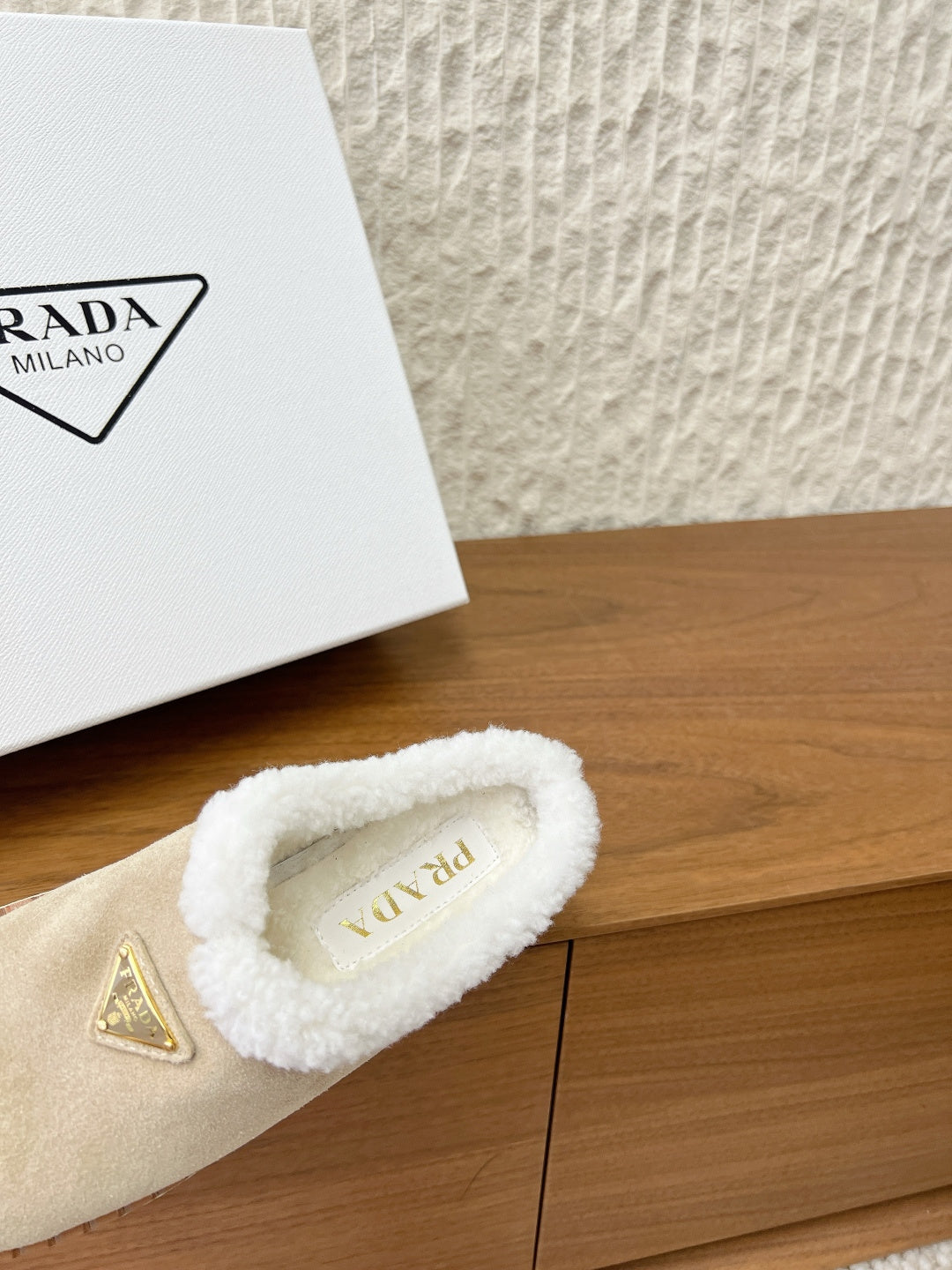 PRADA 25S PLATFORM FUR-LINED MULES IN WARM BEIGE SUEDE - 35