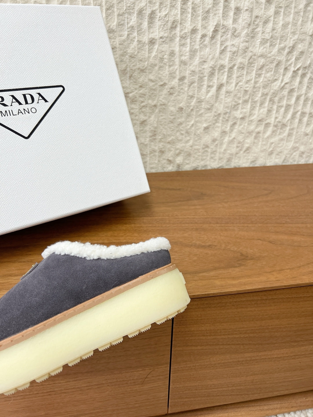 PRADA 25S PLATFORM FUR-LINED MULES IN DARK GREY SUEDE - 35