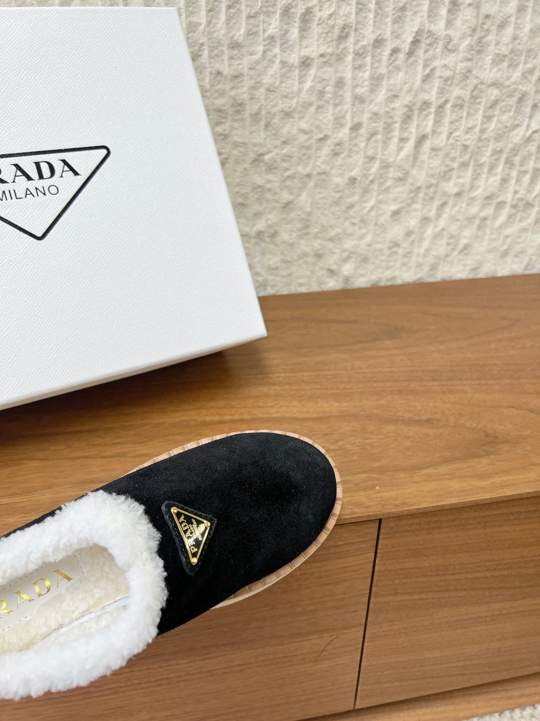 PRADA 25S PLATFORM FUR-LINED MULES IN BLACK SUEDE - 35