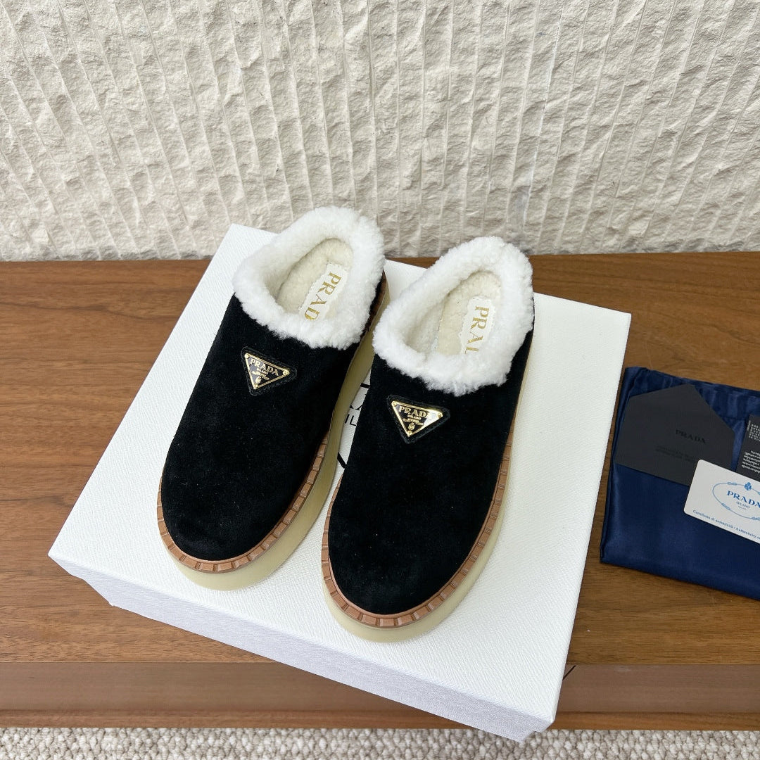 PRADA 25S PLATFORM FUR-LINED MULES IN BLACK SUEDE - 35