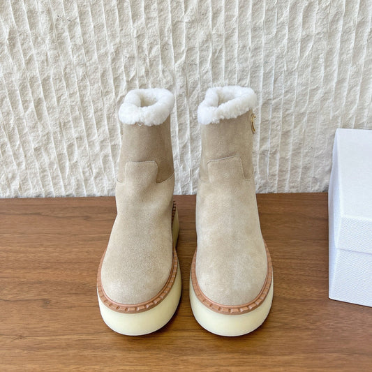 PRADA 25S ANKLE BOOTS 40 MM IN LIGHT BEIGE SUEDE SHEARLING-LINED - 35