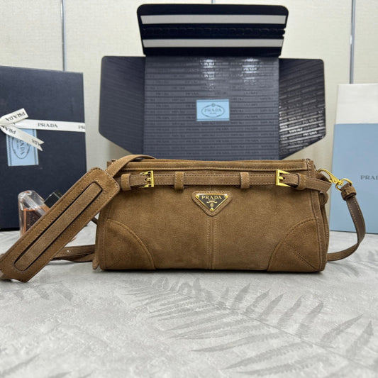 PRADA 25S BONNIE SMALL SHOULDER BAG 26 IN BROWN SUEDE GOLD HARDWARE