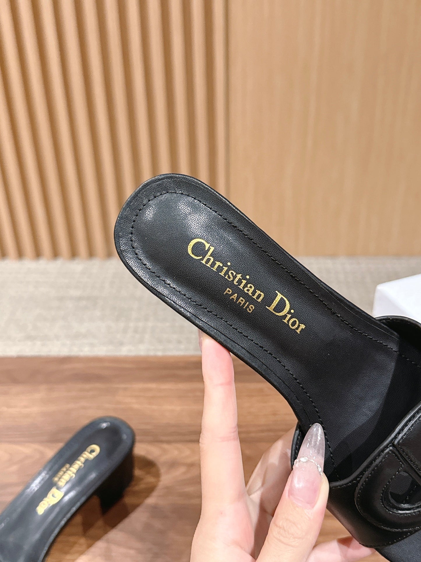 DIOR 26S LOW HEEL SLIDE SANDALS IN BLACK CALFSKIN PEARL GOLD BUCKLE