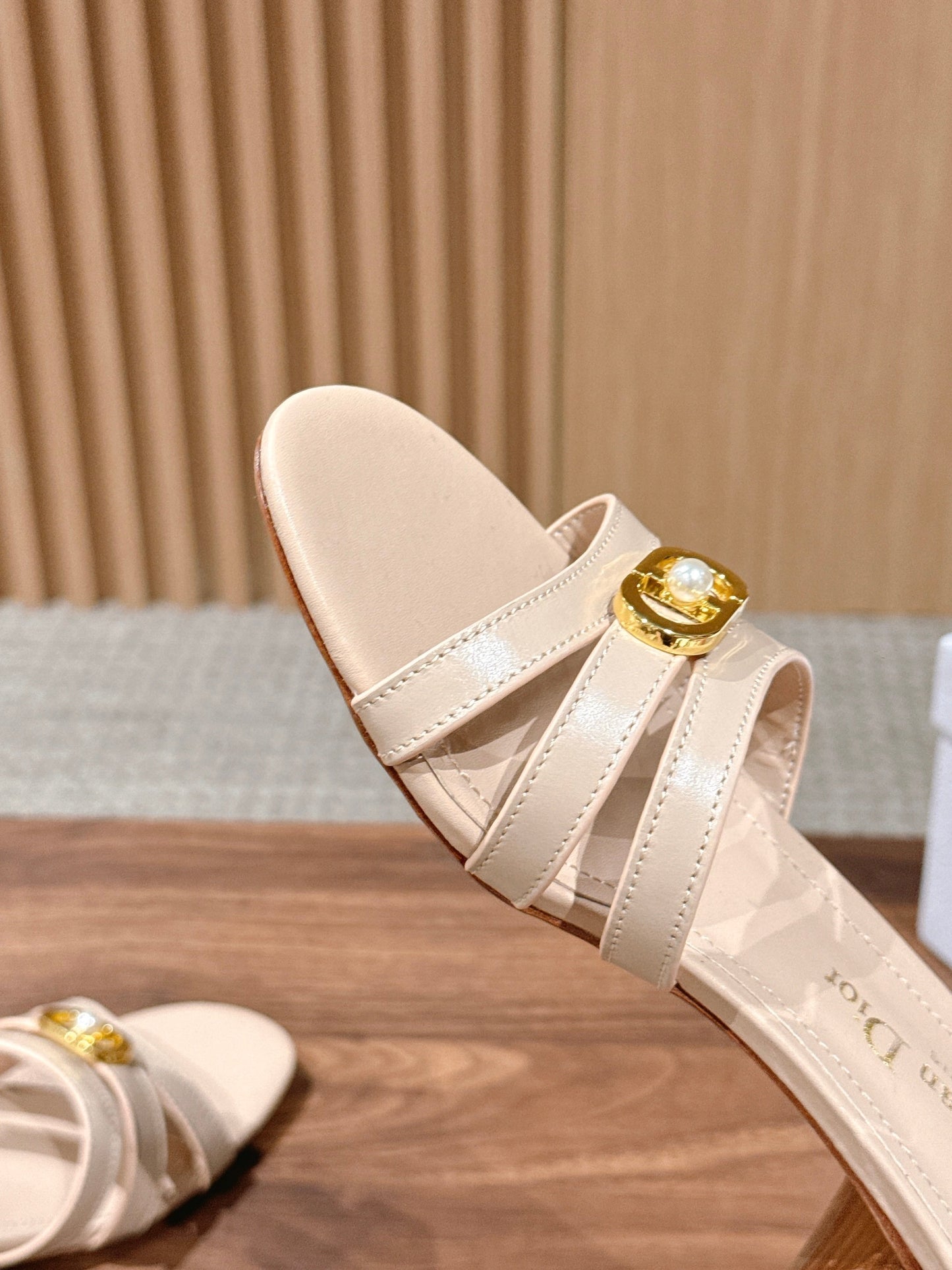 DIOR 26S MID HEEL SANDALS IN BEIGE CALFSKIN MULTI STRAP GOLD HARDWARE