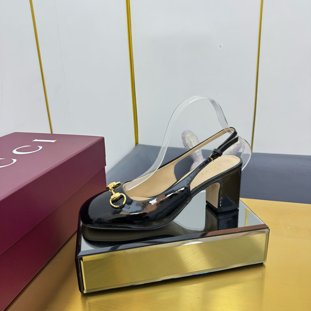 GG HIGH HEELS 65 IN BLACK GLOSSY LEATHER WITH GOLD HARDWARE - 35