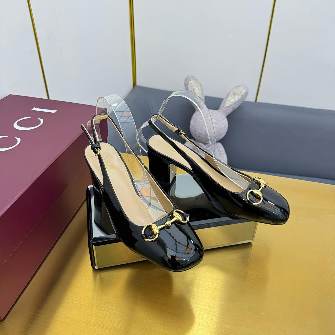 GG HIGH HEELS 65 IN BLACK GLOSSY LEATHER WITH GOLD HARDWARE - 35