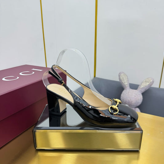 GG HIGH HEELS 65 IN BLACK GLOSSY LEATHER WITH GOLD HARDWARE - 35