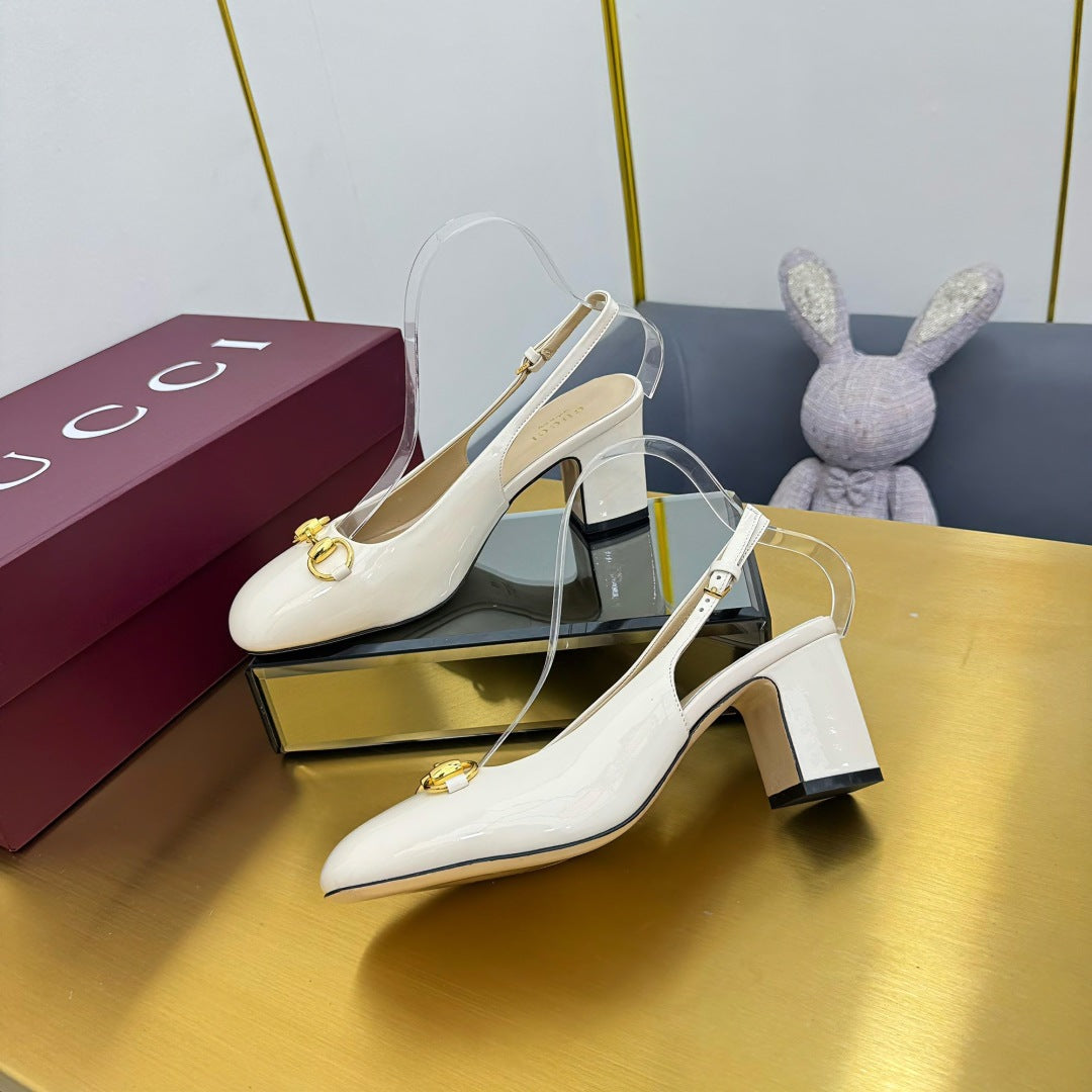 GG HIGH HEELS 65 IN CREAM WHITE GLOSSY LEATHER WITH GOLD HARDWARE - 35