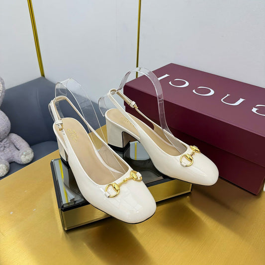 GG HIGH HEELS 65 IN CREAM WHITE GLOSSY LEATHER WITH GOLD HARDWARE - 35
