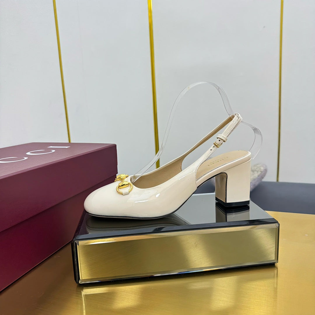 GG HIGH HEELS 65 IN CREAM WHITE GLOSSY LEATHER WITH GOLD HARDWARE - 35