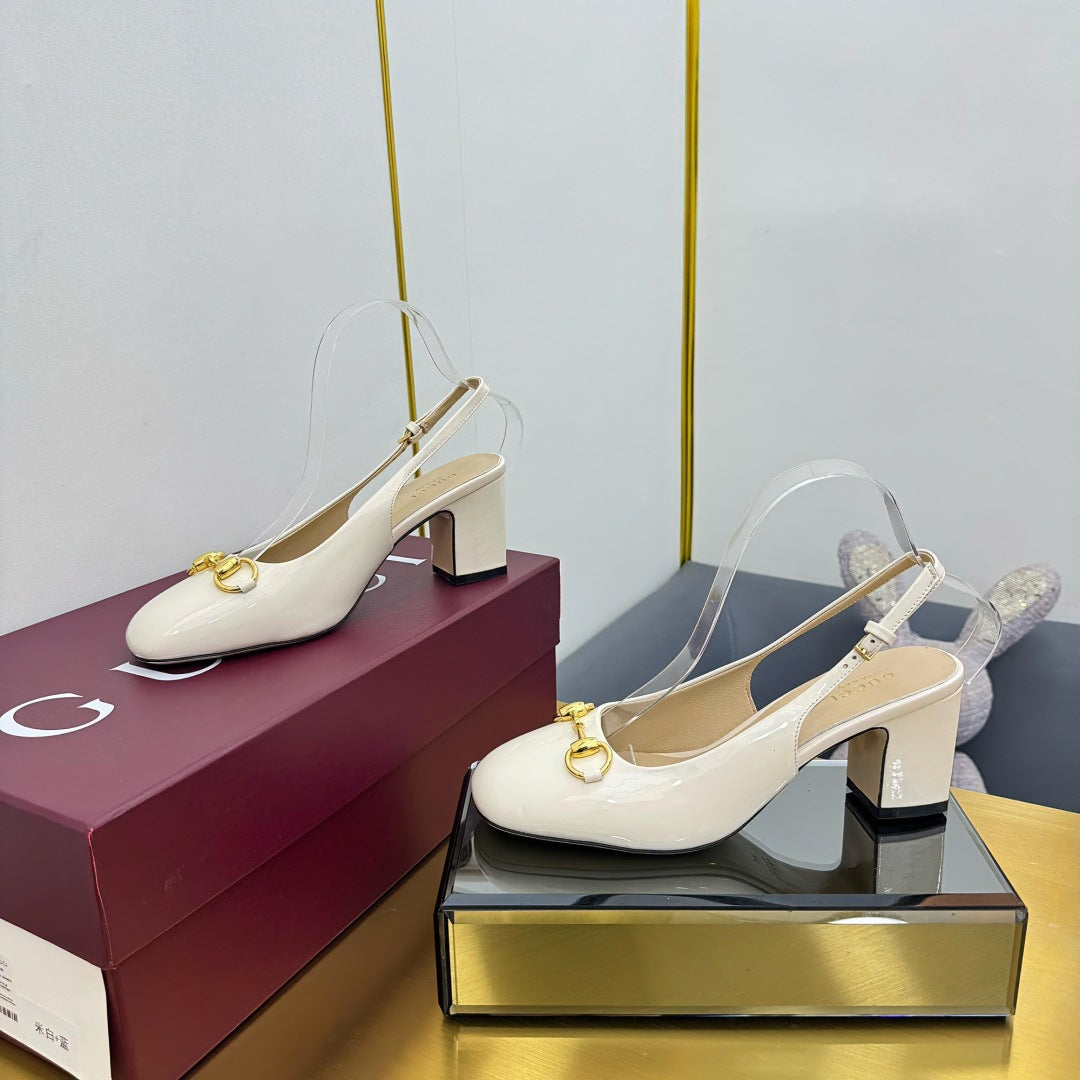GG HIGH HEELS 65 IN CREAM WHITE GLOSSY LEATHER WITH GOLD HARDWARE - 35