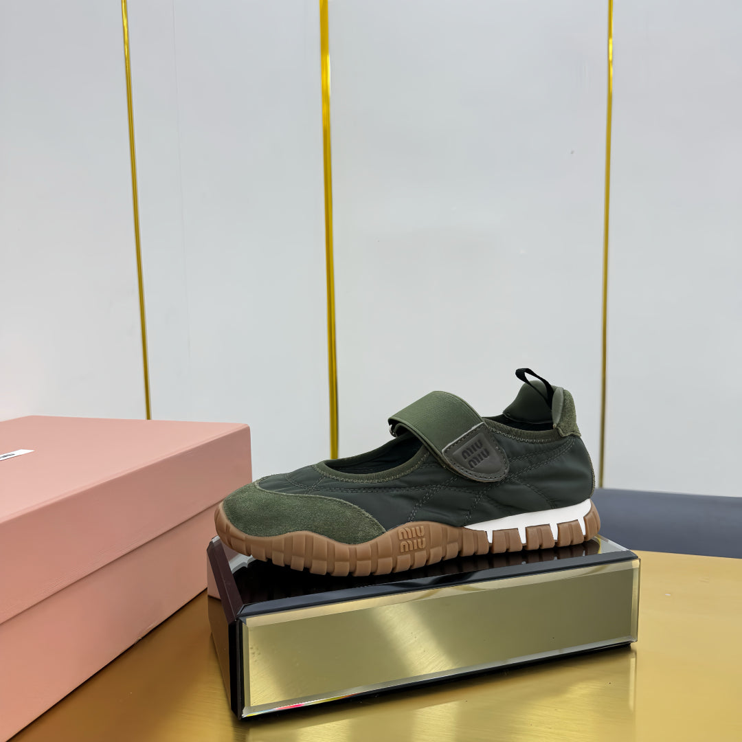 BALLERINAS SHOES IN DARK GREEN TYRE TECHNICAL FABRIC AND SUEDE - 35