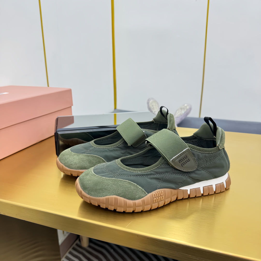 BALLERINAS SHOES IN DARK GREEN TYRE TECHNICAL FABRIC AND SUEDE - 35