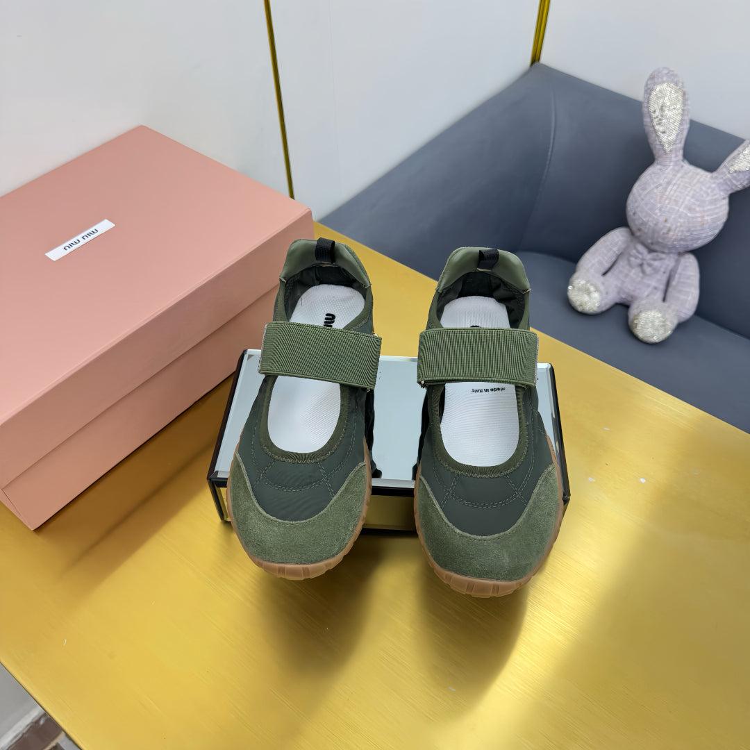 BALLERINAS SHOES IN DARK GREEN TYRE TECHNICAL FABRIC AND SUEDE - 35