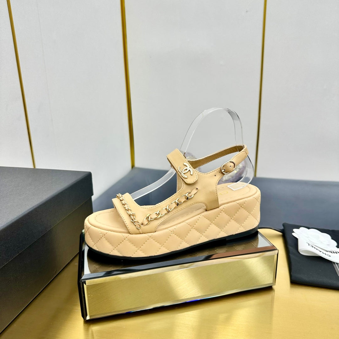 CC WEDGE SANDALS 25S IN BEIGE CALFSKIN WITH GOLD HARDWARE - 35