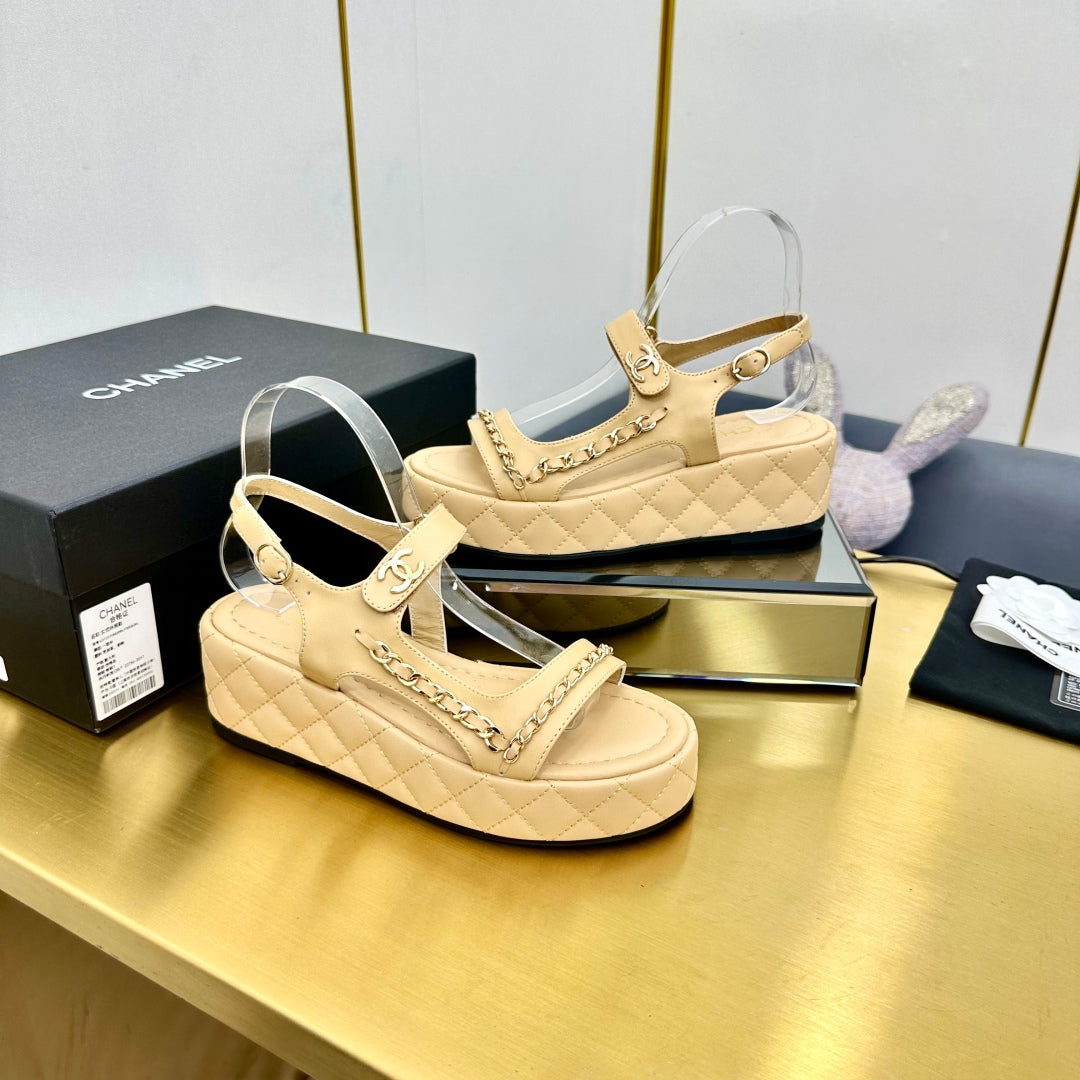 CC WEDGE SANDALS 25S IN BEIGE CALFSKIN WITH GOLD HARDWARE - 35