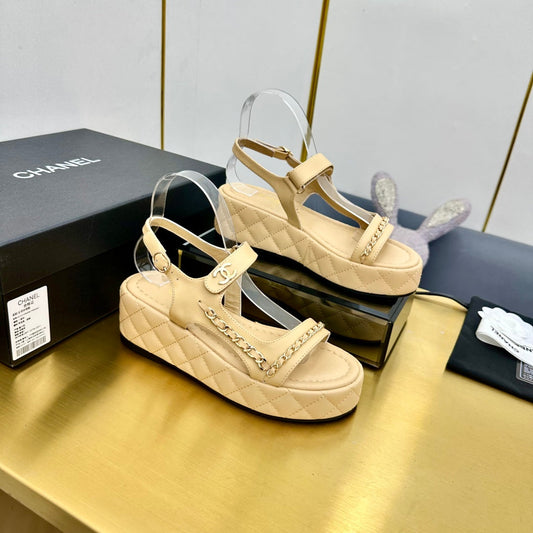 CC WEDGE SANDALS 25S IN BEIGE CALFSKIN WITH GOLD HARDWARE - 35