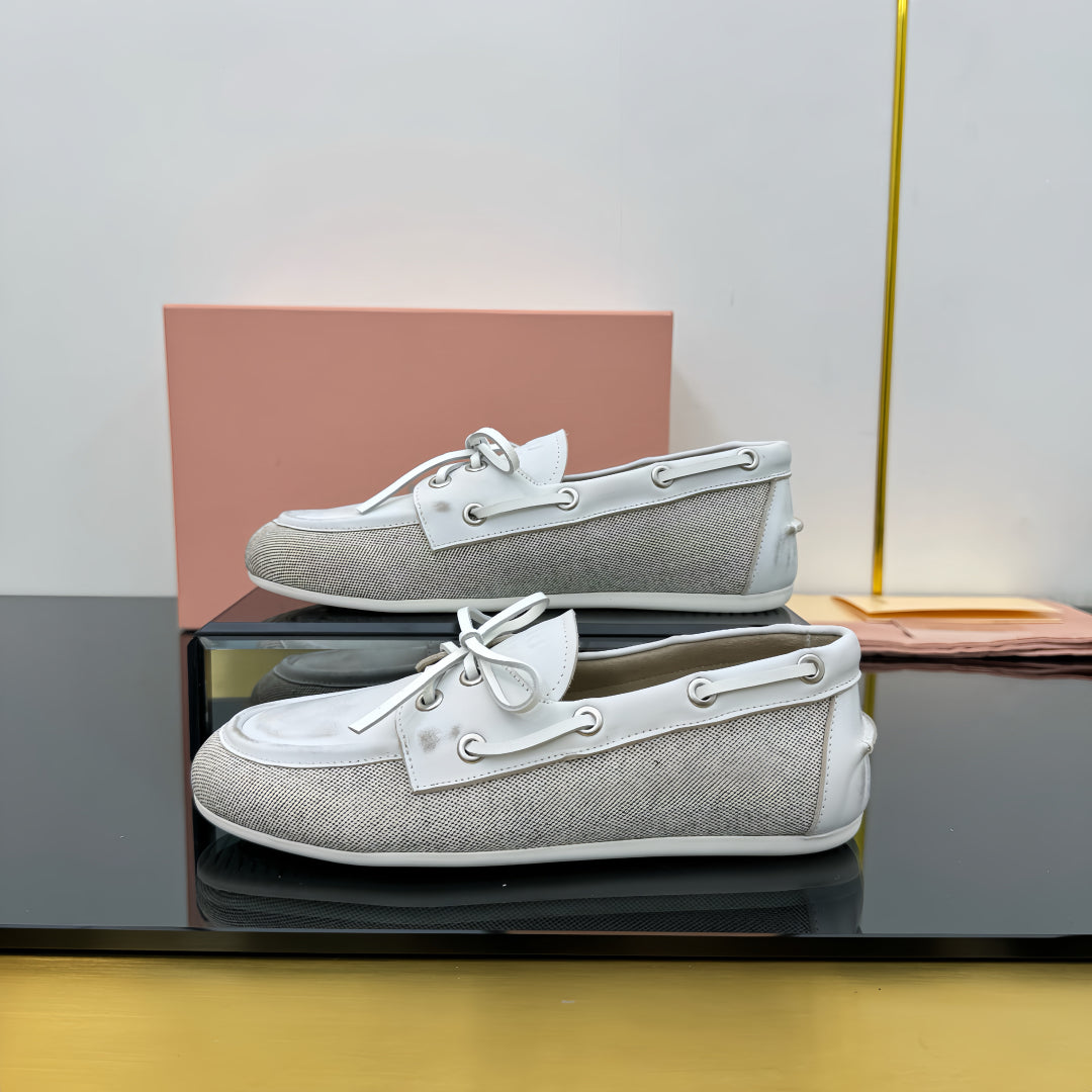 BOAT SHOES IN OFF WHITE CALFSKIN AND CANVAS - 35
