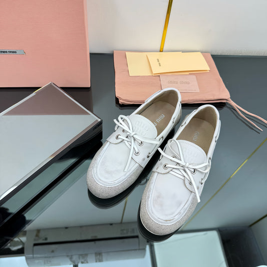 BOAT SHOES IN OFF WHITE CALFSKIN AND CANVAS - 35