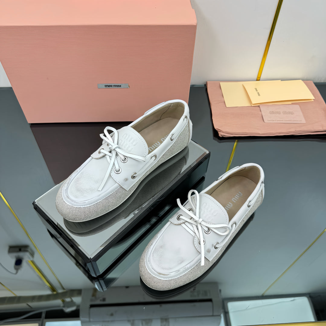 BOAT SHOES IN OFF WHITE CALFSKIN AND CANVAS - 35
