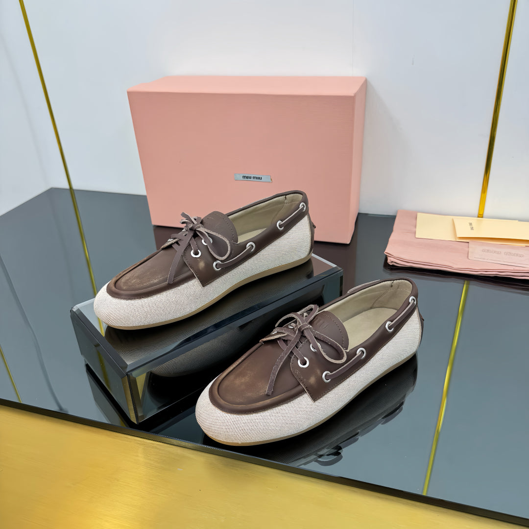 BOAT SHOES IN BROWN CALFSKIN AND BEIGE CANVAS - 35