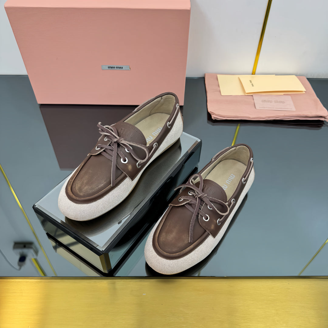 BOAT SHOES IN BROWN CALFSKIN AND BEIGE CANVAS - 35