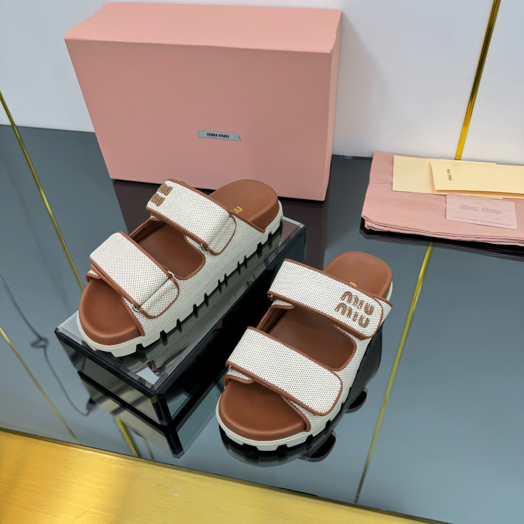 PLATFORM SANDALS IN BROWN EVA SOLE WHITE WITH BROWN POLKA DOTS - 35