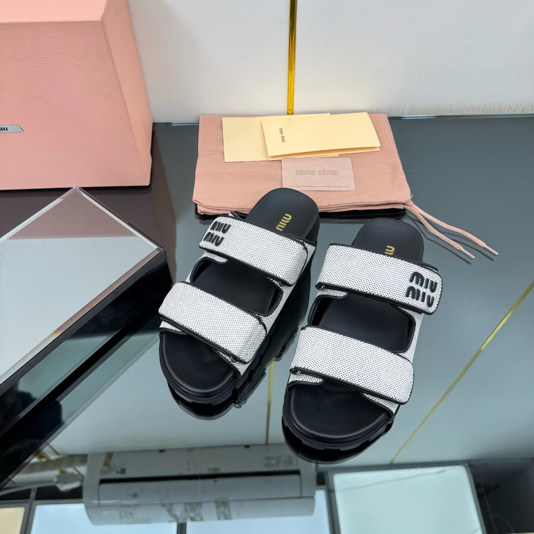 PLATFORM SANDALS IN BLACK EVA SOLE WHITE WITH BLACK POLKA DOTS - 35
