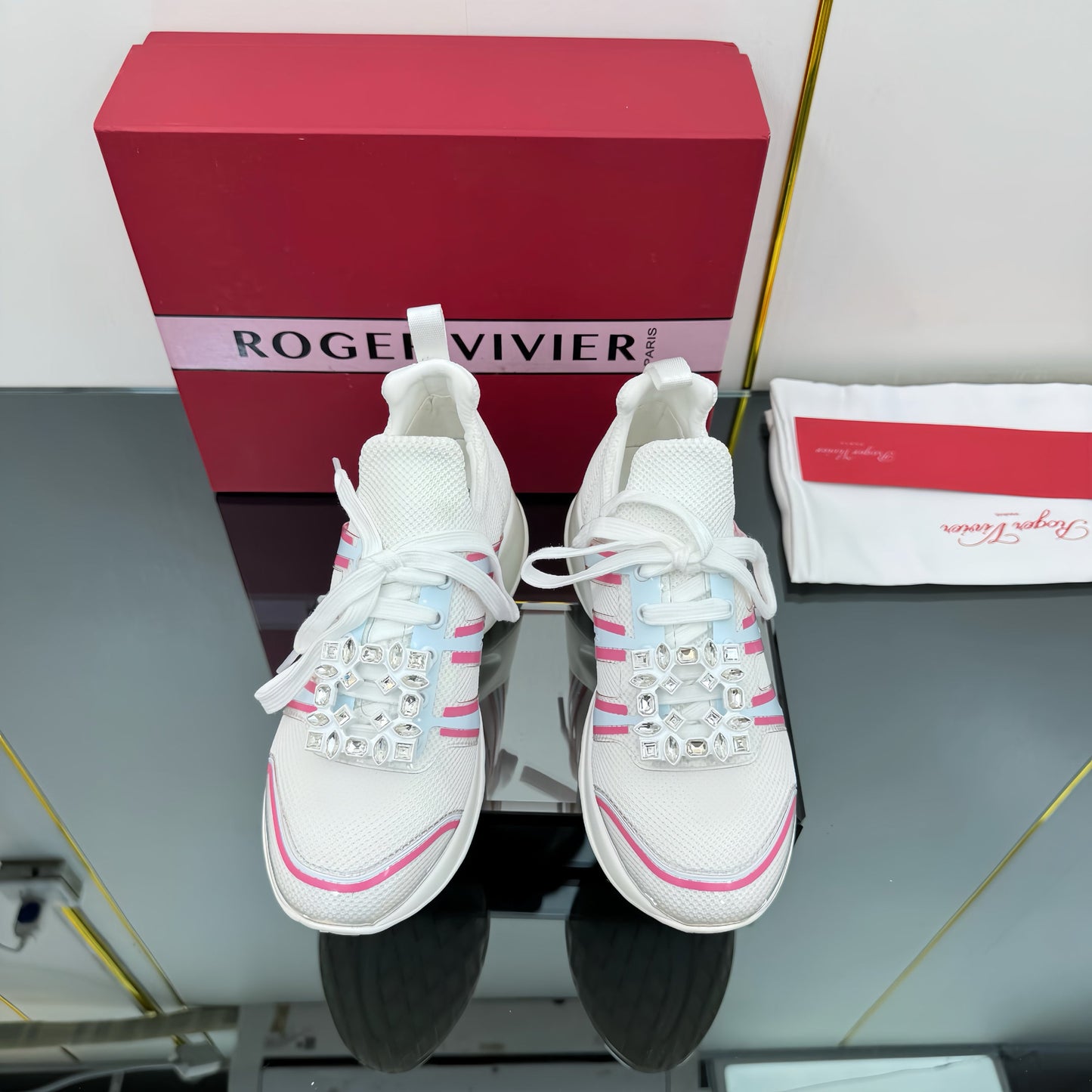 VIV' RUN SNEAKERS IN WHITE TECHNICAL FABRIC WITH PINK AND LIGHT BLUE CALFSKIN - 35